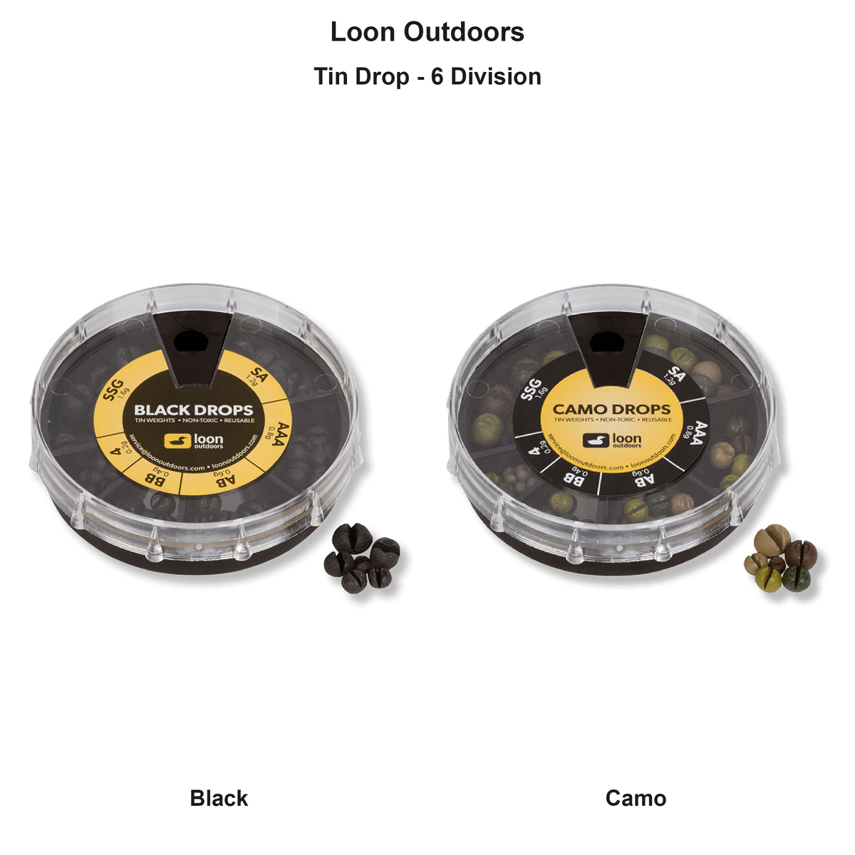 Farveoversigt – Loon Outdoors Tin Drop - 6 Division