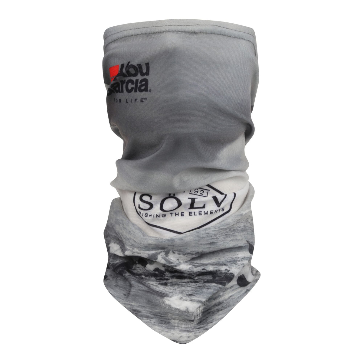 Abu Garcia Sölv Neckwarmer med gråt mønster og logoer.